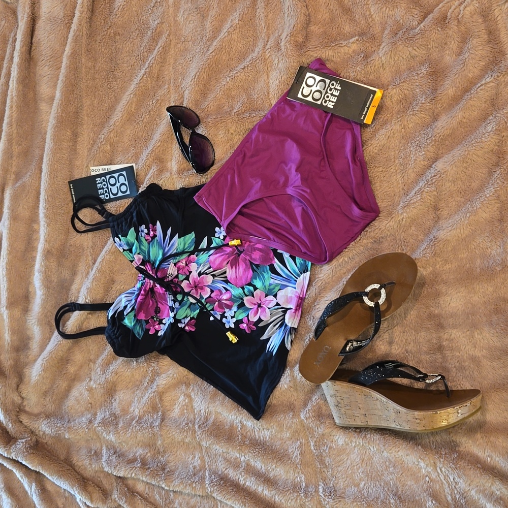 NWT Coco Reef Black & W/Flowers Tankini Set